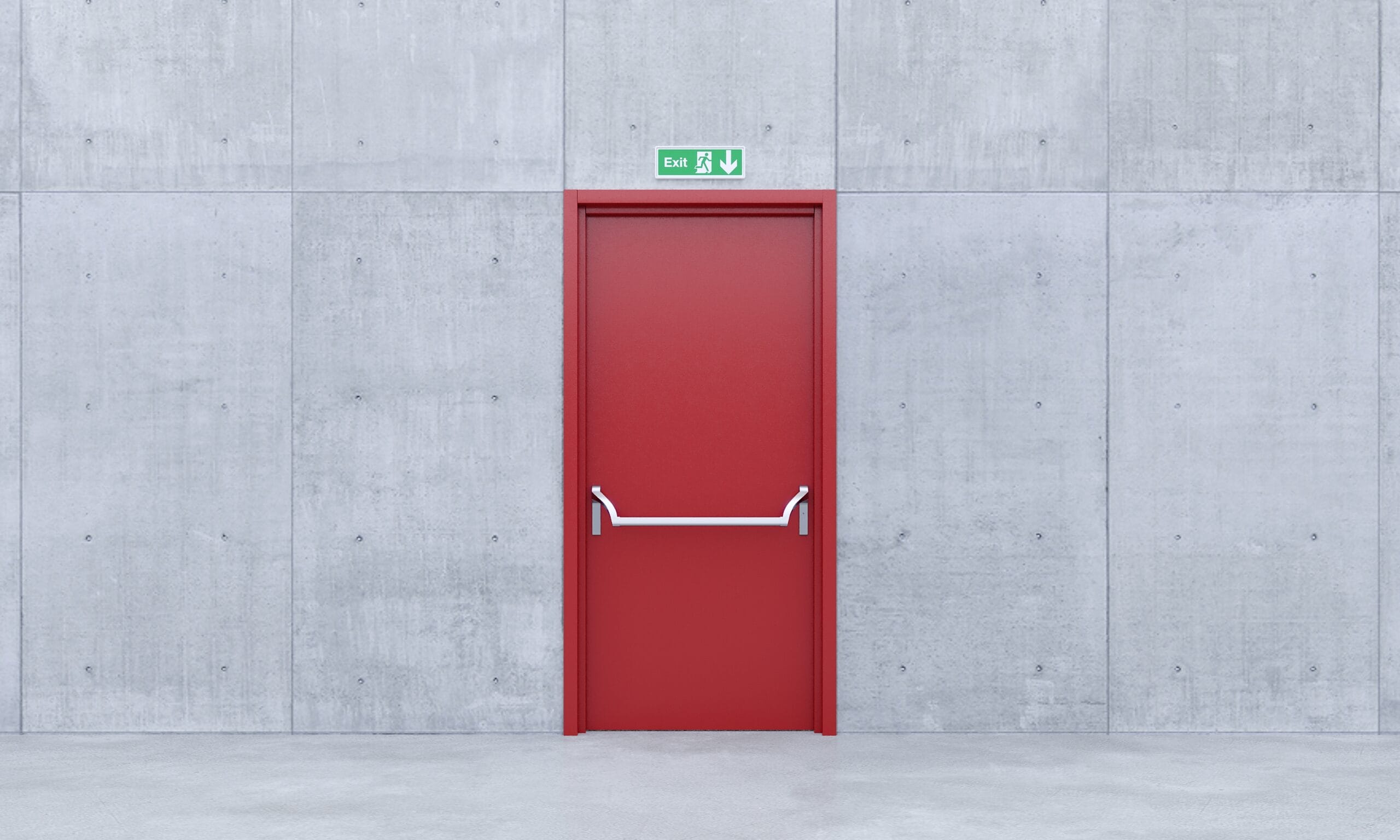 Fire exit red metal door in concrete sapce building . 3d rende